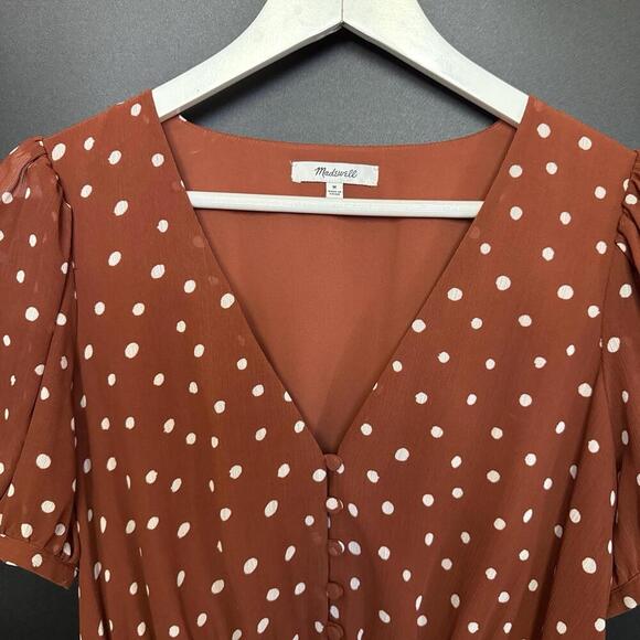 Madewell Police Dot Mini Dress in Brown Size M Medium Smocked Waist - Picture 5 of 9